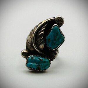 Navajo Sterling Two-Stone Turquoise Ring – Size 6.75 - Artist Signed "FE"